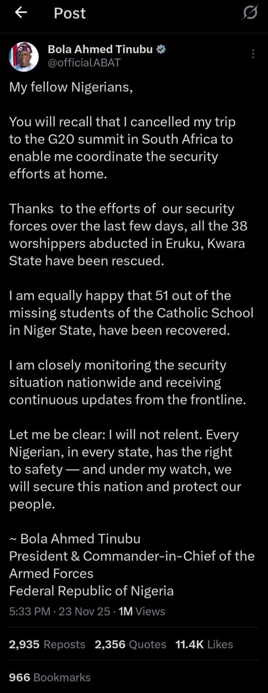 Tinubu describes kidnapped Catholic schoolgirls as 'missing' students