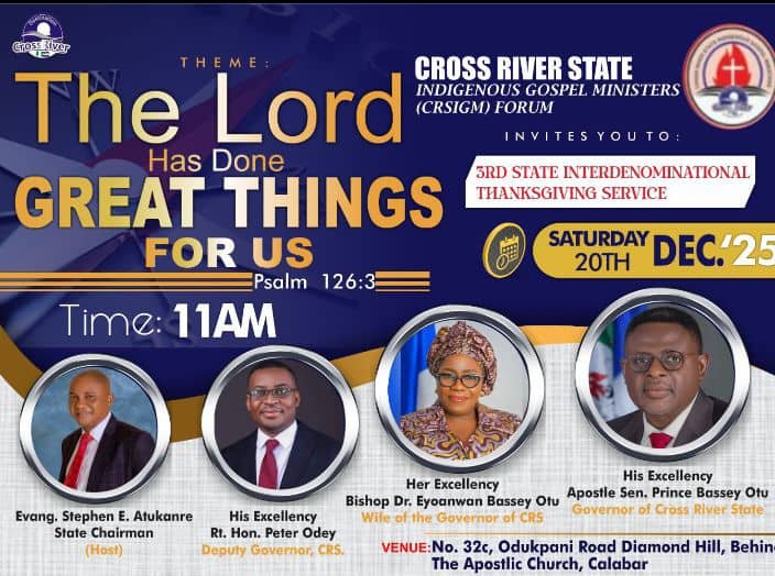 Cross River Indigenous Gospel Ministers to host 3rd annual state interdenominational Thanksgiving Service in Calabar