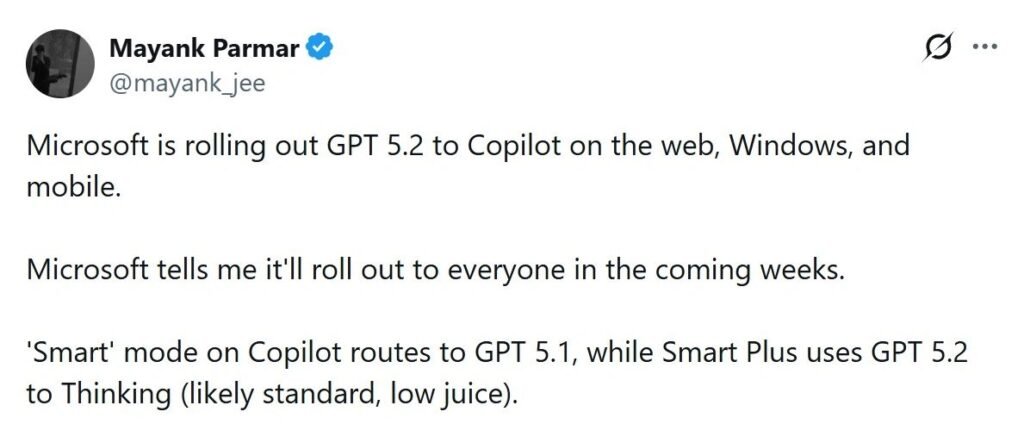 Microsoft rolls out Copilot AI GPT 5.2, now available for free