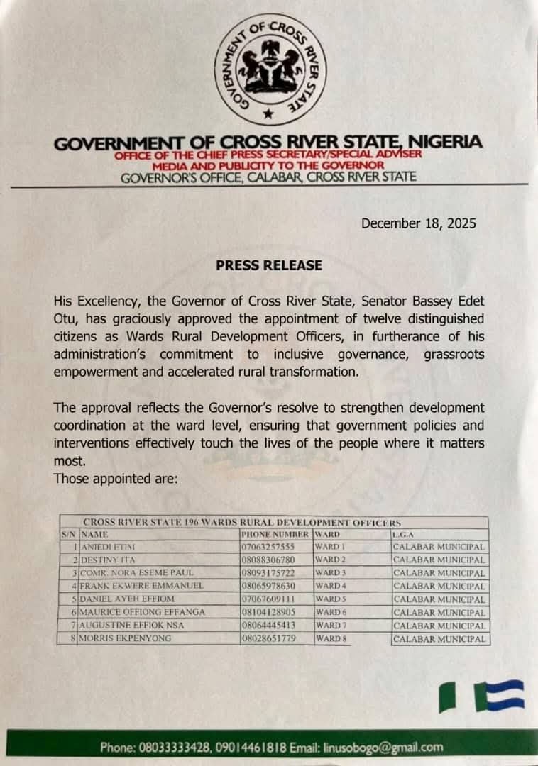 Otu appoints 196 Wards Rural Development Officers