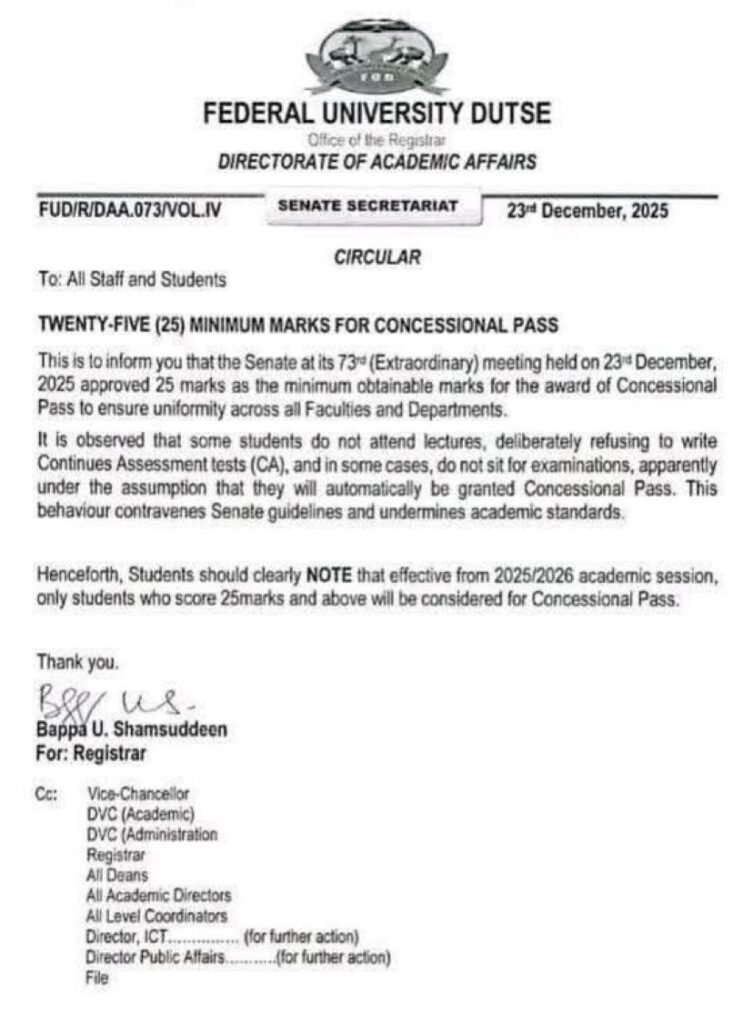 Federal University Dutse opens up on Concessional Pass policy