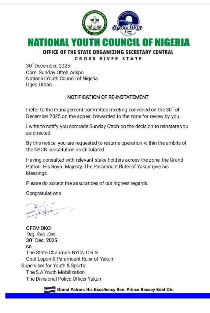 NYCN Organising Secretary Central lifts suspension of Ugep NYCN Chairman