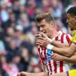 Abqar reacts to being sent off after grabbing Sørloth's balls