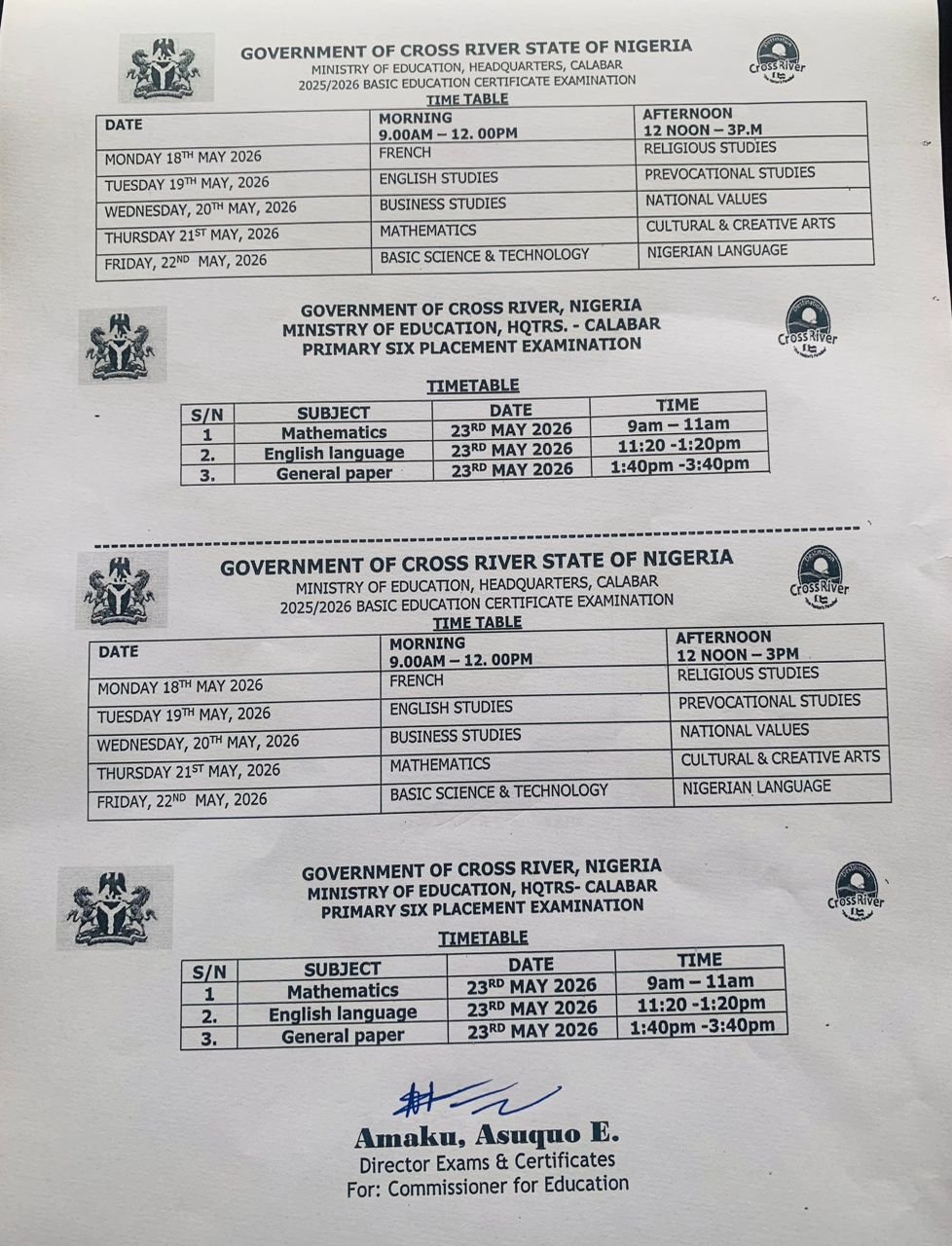 Cross River releases timetables for Primary 6, BECE and SS II Mock exams