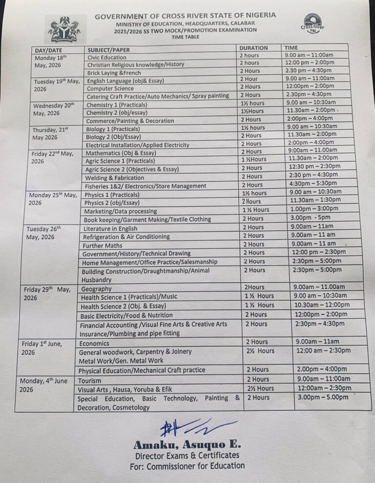 Cross River releases timetables for Primary 6, BECE and SS II Mock exams