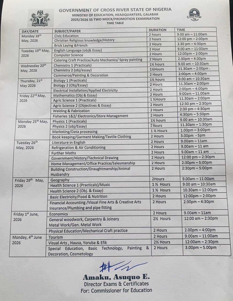 Cross River releases timetables for Primary 6, BECE and SS II Mock exams